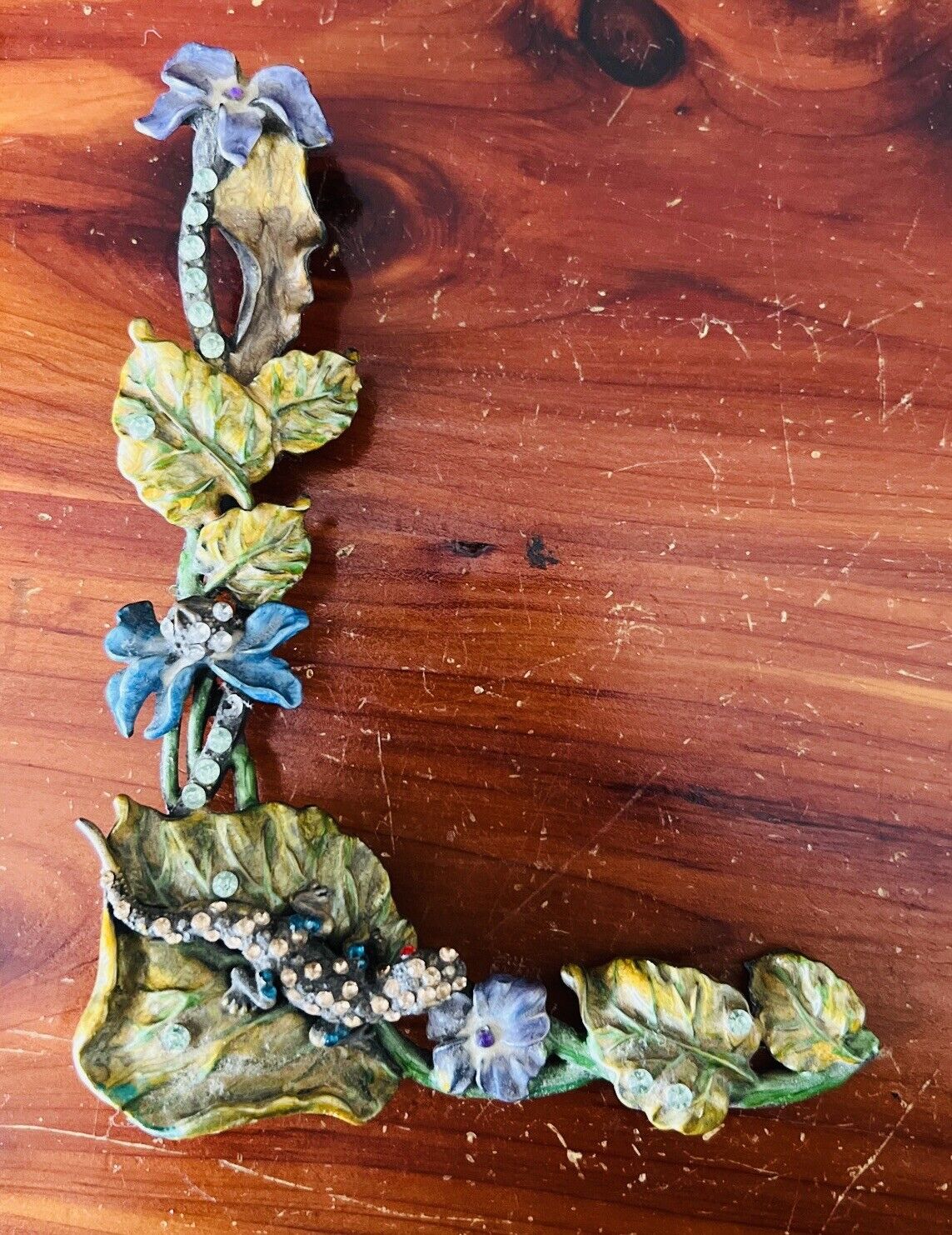 Broken Piece Of Picture Frame Metal Enamel Crystal Rhinestone Lizard Flowers