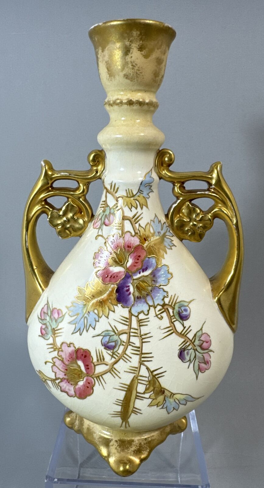 Gorgeous Rare Antique Royal Bonn Germany Hand Painted Gilded Handled Vase 8.25”