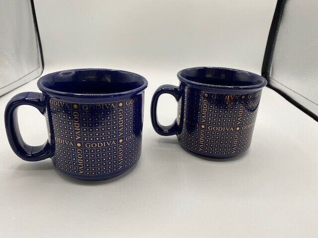 Set of 2 Godiva Chocolate Cobalt Blue Gold Coffee Mug Cup 16 oz 