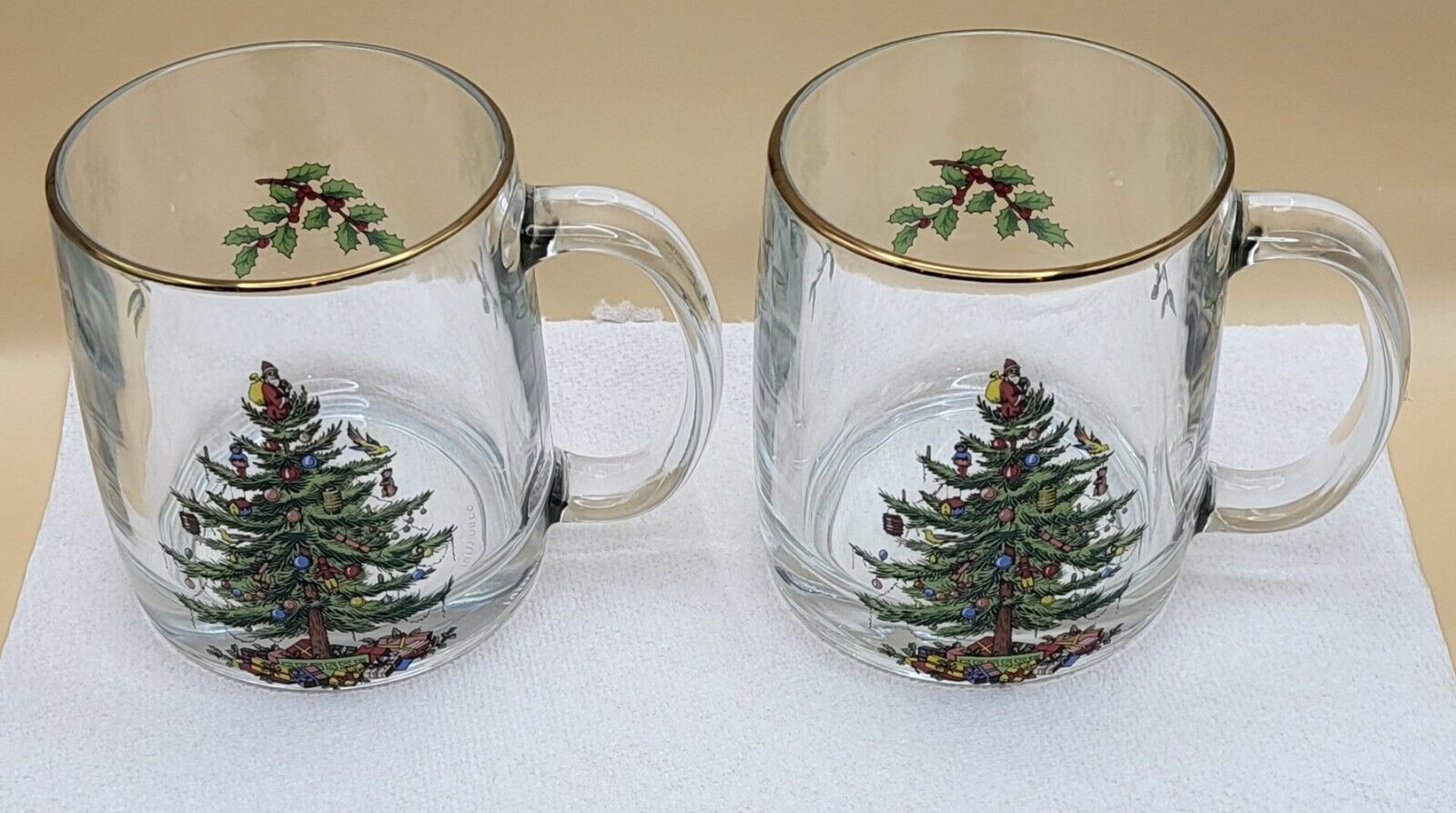 SET OF 2 Luminarc Glass USA Christmas Tree Coffee Mugs 12 fl oz 