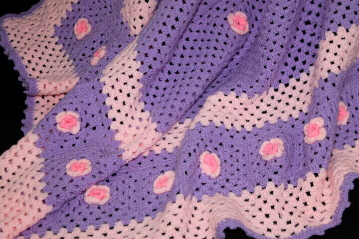 Vtg Pink & Purple Baby Rose Flower Afghan Coverlet Crocheted Throw Blanket