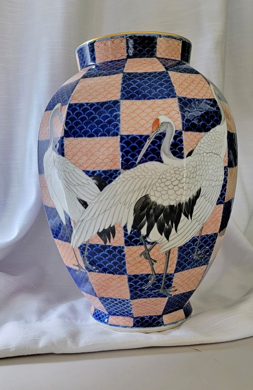 Lovely BIG Vintage Signed Fukagawa Japanese Porcelain Vase - Bird Crane Japan