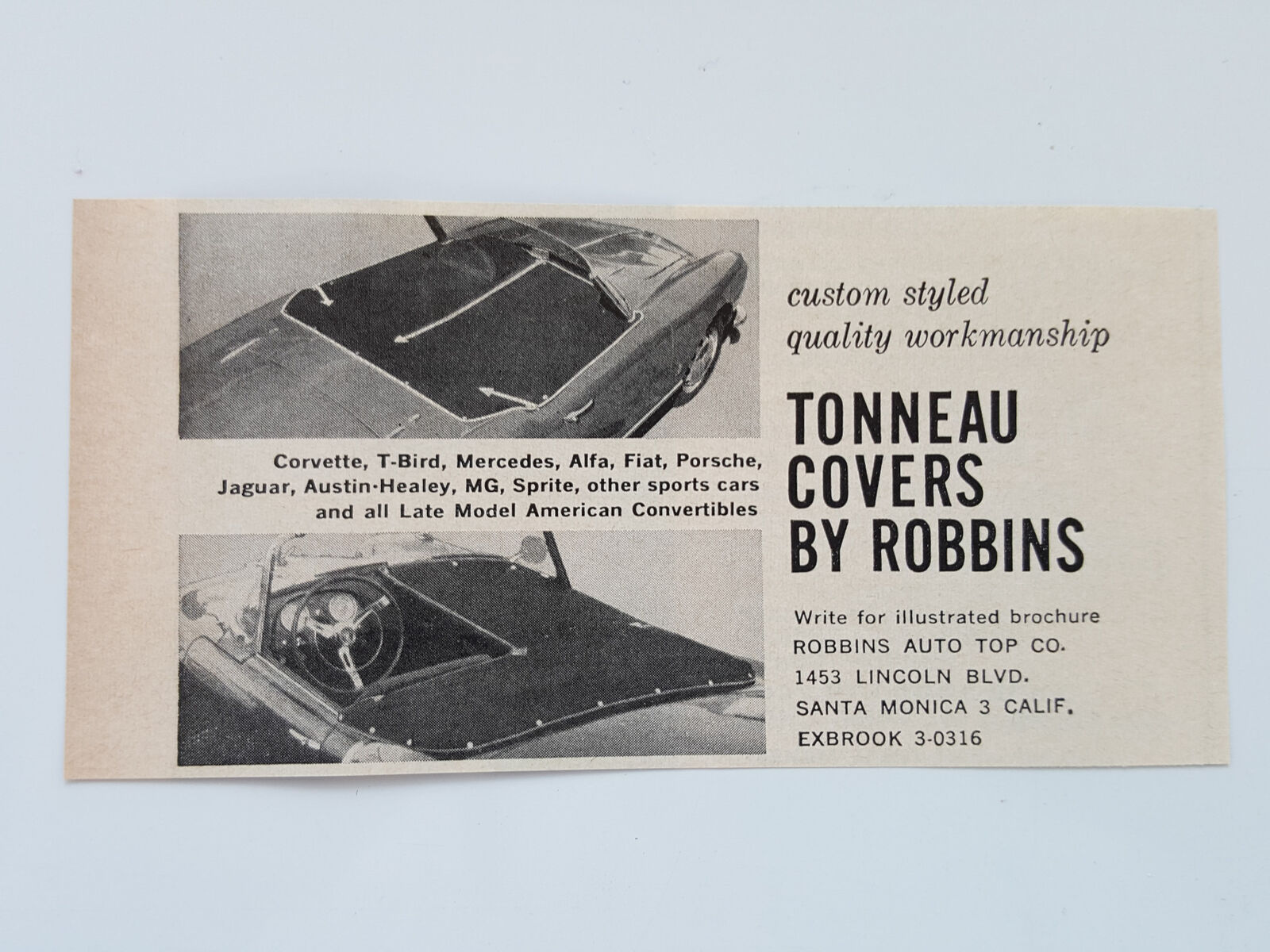 1959 Robbins Auto Top Tonneau Covers Cars Corvette T-Bird Vtg Magazine Print Ad