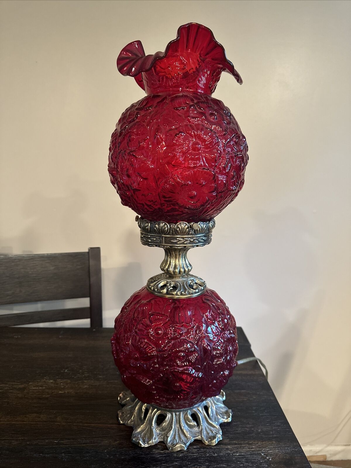 Fenton Ruby Red Gone With The Wind Poppy Lamp Rare 