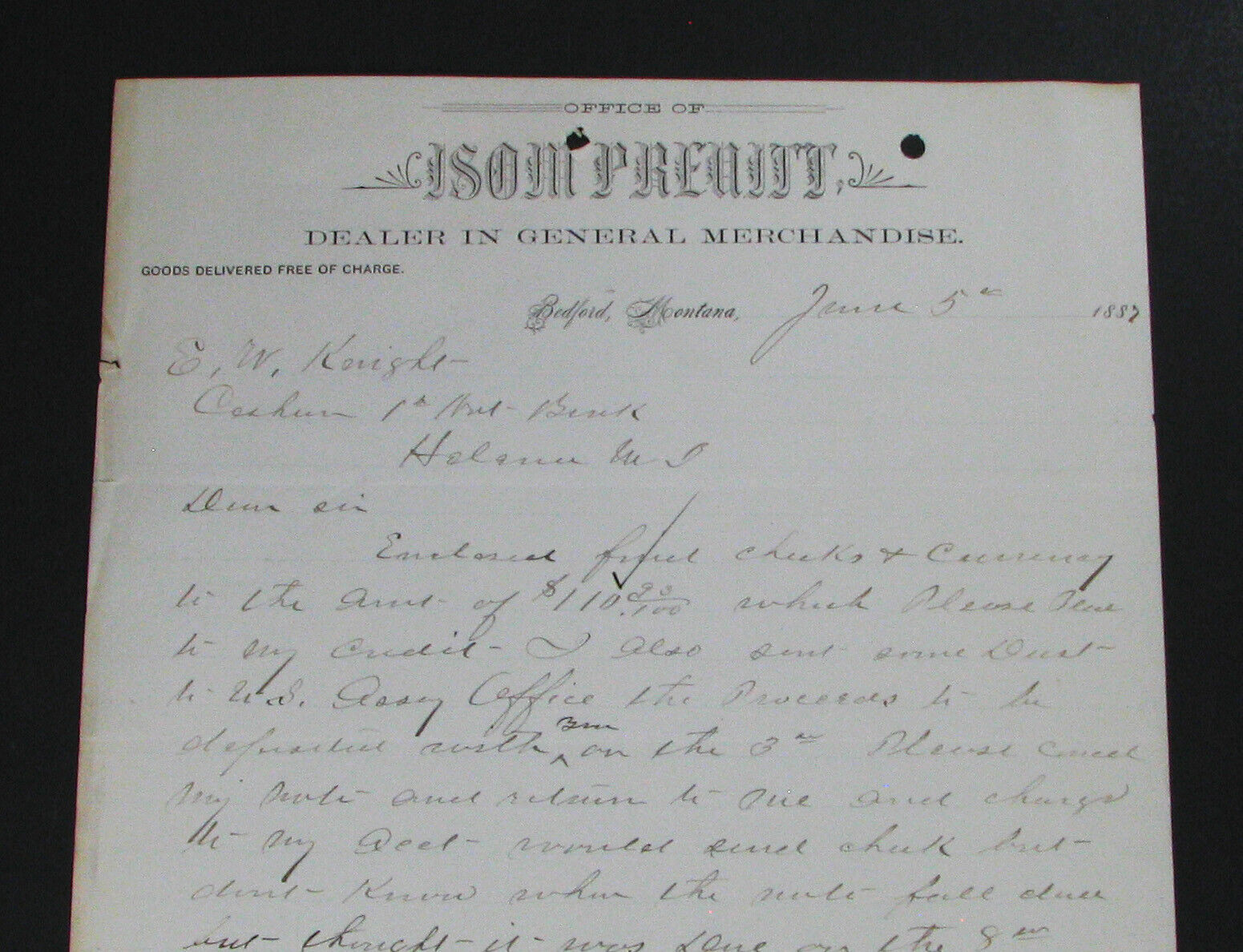 #14 - rare 1887 BEDFORD, MONTANA TERRITORY / ISOM PREUITT MERCHANT letterhead
