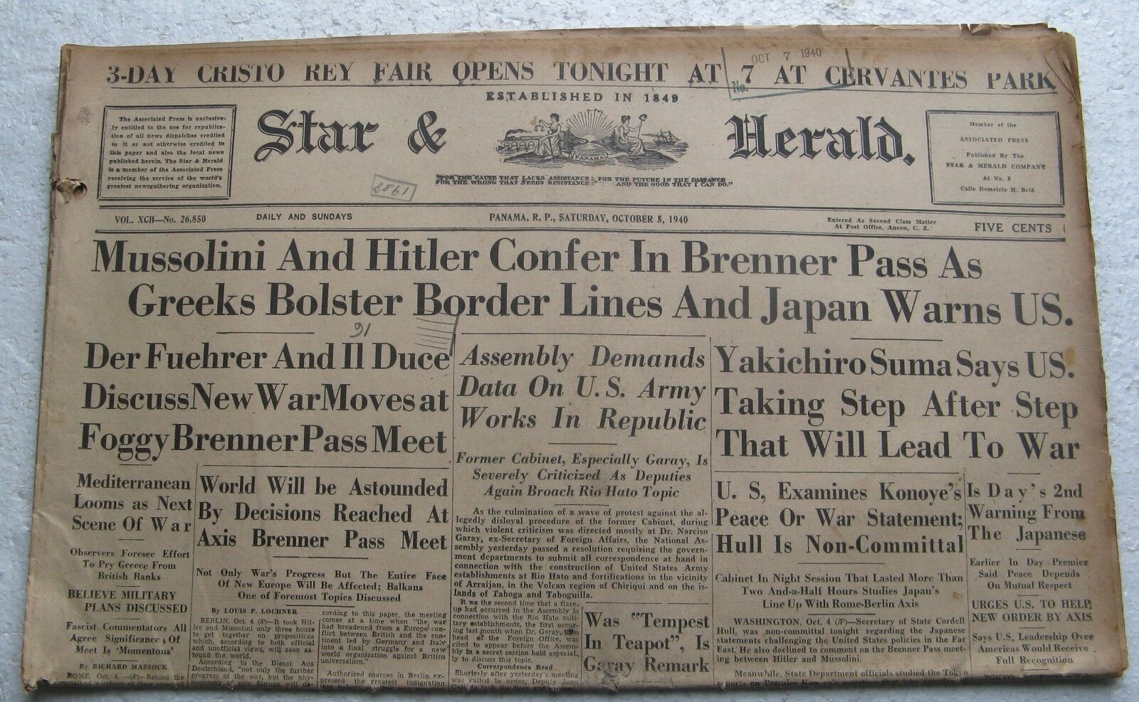 October 5, 1940 Panama Newspaper - Hitler, Detroit Tigers, Max Baer