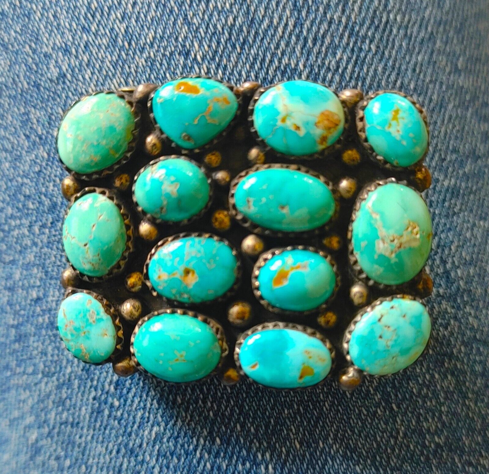 Vintage Navajo belt buckle sterling silver turquoise cluster 14 stones