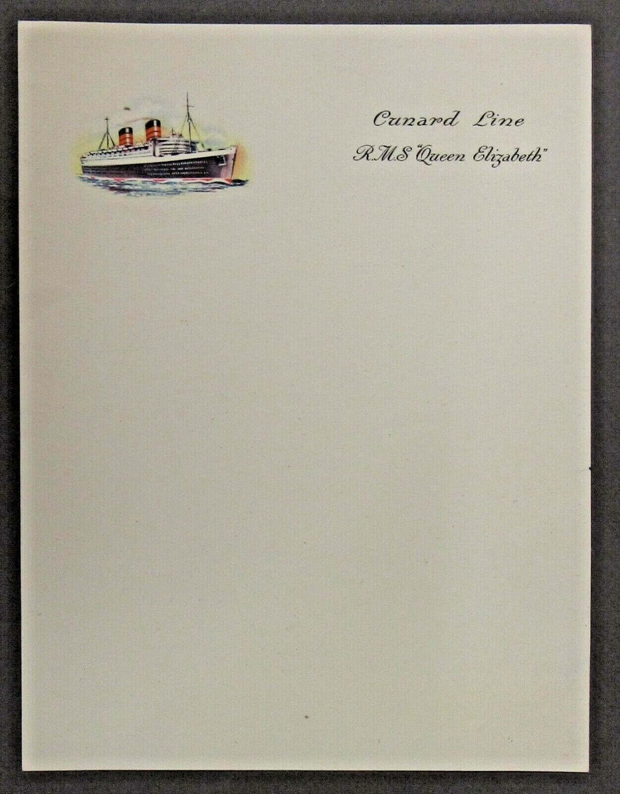 colorful 1950\'s CUNARD LINE H.M.S. QUEEN ELIZABETH Ocean Liner letterhead 