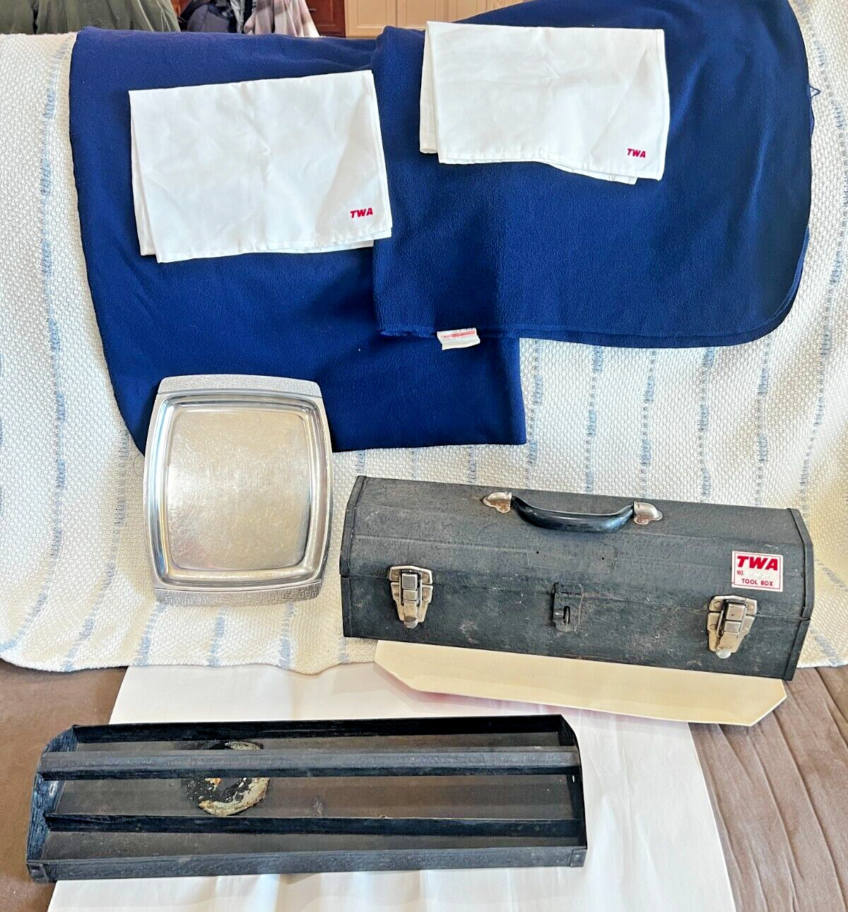VTG TWA Trans World Airlines Toolbox, Cabin Blankets, Napkins and Serving Tray