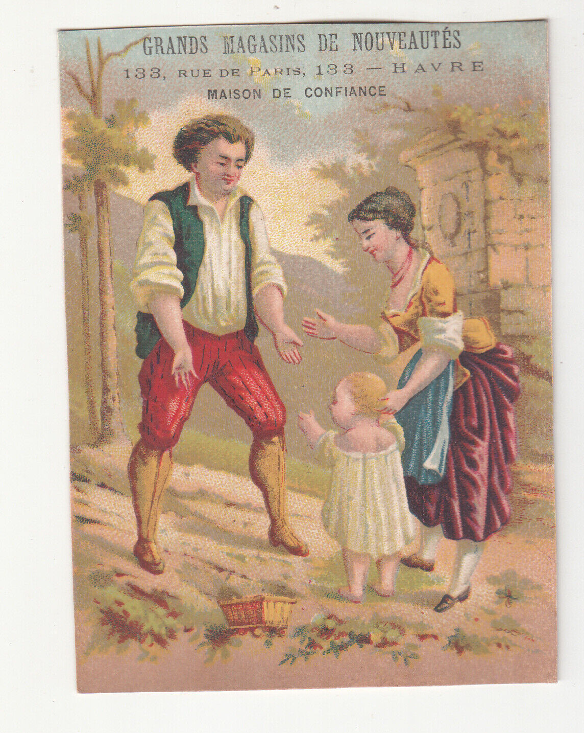 Grands Magasins de Nouveautes Havre France French Text Baby Walking Card c1880s