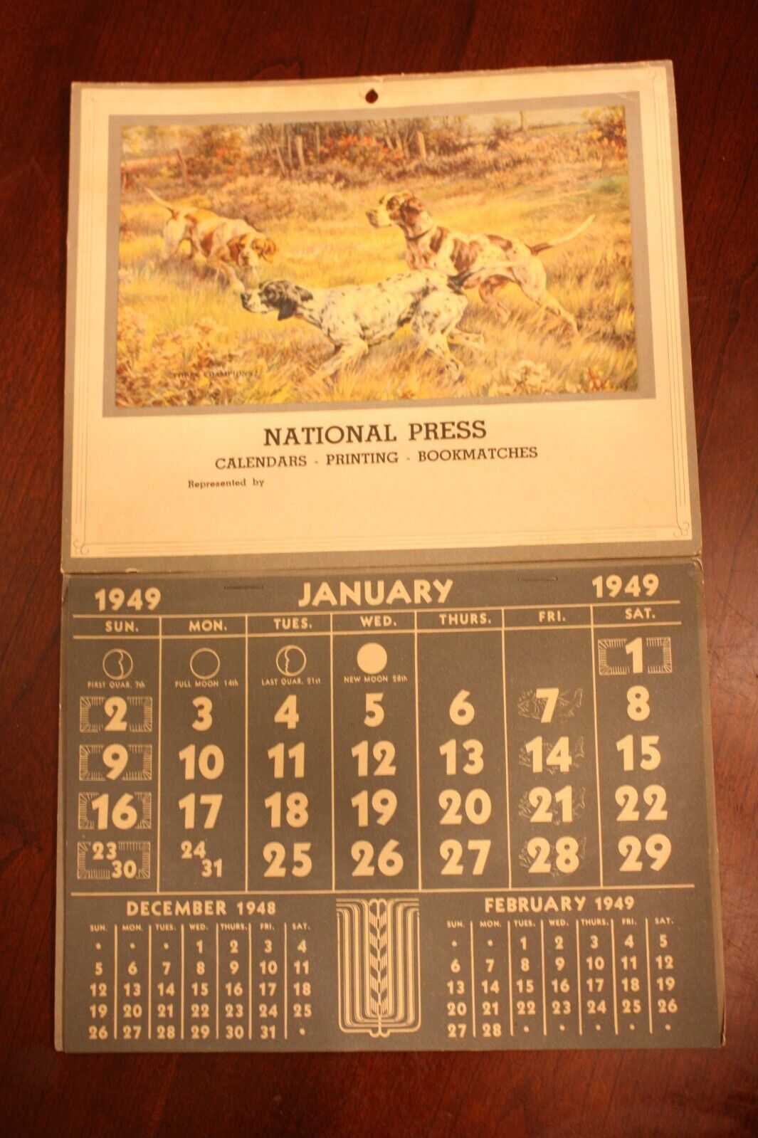 VINTAGE 1949 NATIONAL PRESS CALENDAR HUNTING DOG SCENE