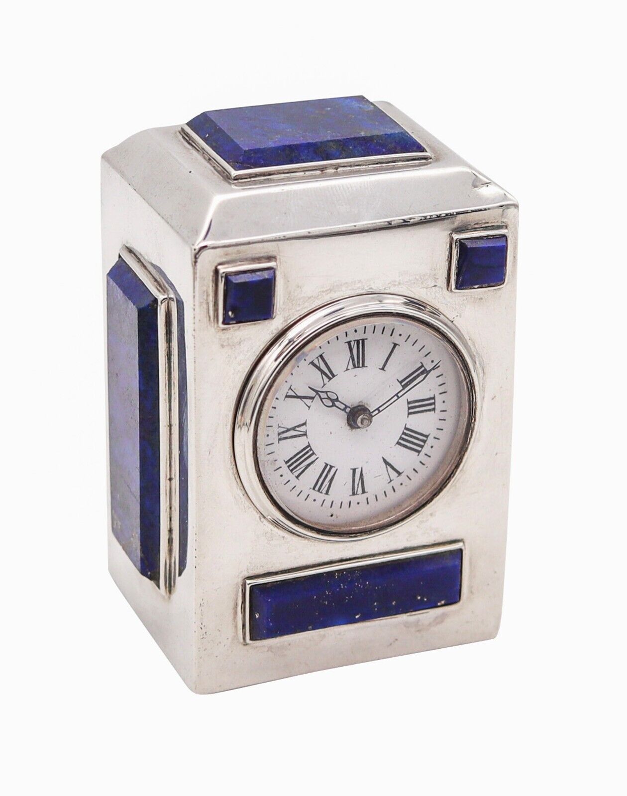 Asprey 1895 London Desk Travel Clock in .925 sterling silver With Lapis Lazuli