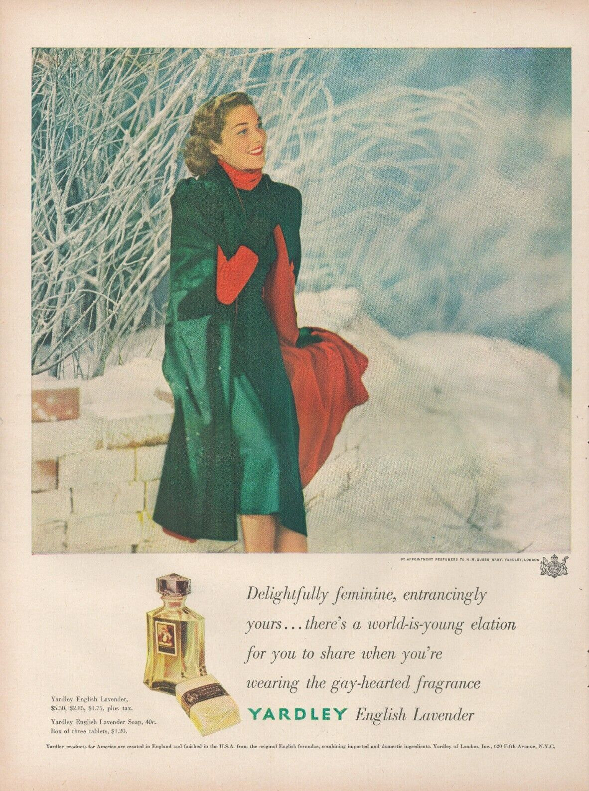 1948 Yardley English Lavender Perfume Pretty Lady Winter Sitting Wall Print Ad
