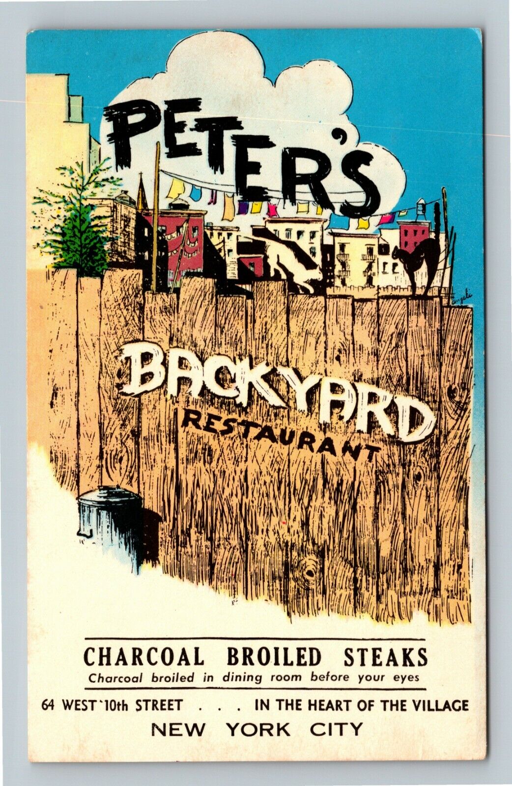 Peter's Backyard Restaurant Antique, Black Cat Vintage New York City Postcard