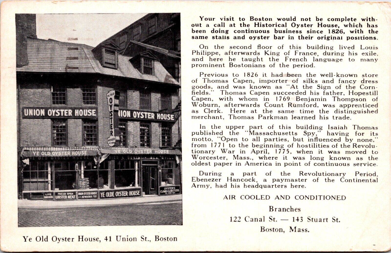 Postcard Boston Massachusetts - Union (Ye Olde) Oyster House - Pmrk 1940