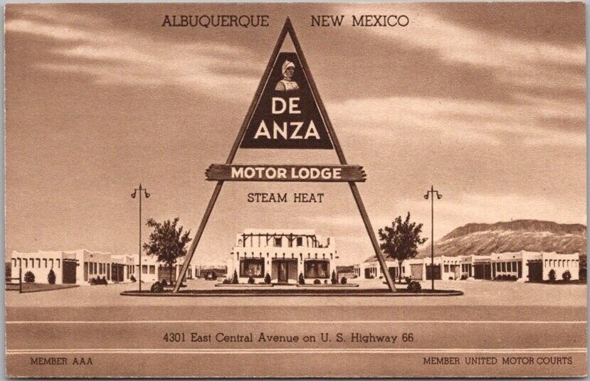 1950s Albuquerque, New Mexico Postcard DE ANZA MOTOR LODGE Central Ave ROUTE 66