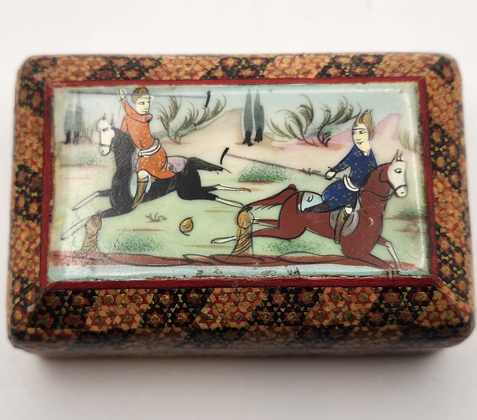 Persian Khatam Wood Box - Features Hunters - Inlay Trinket Box - Vintage