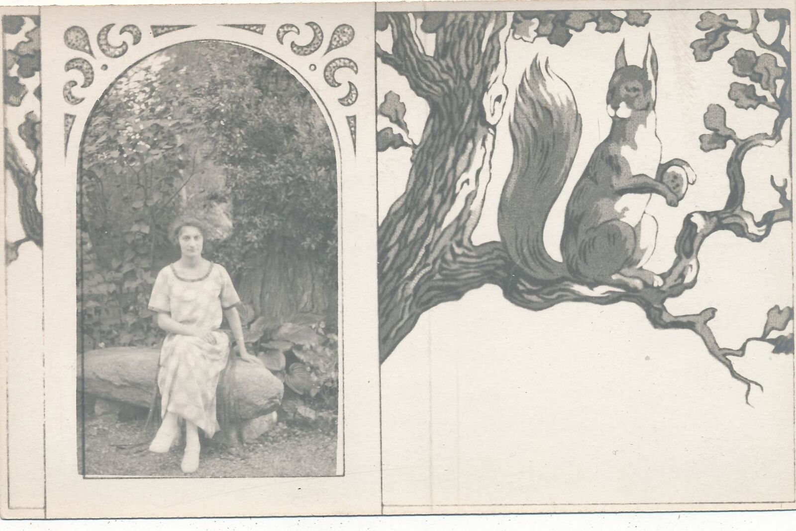 Woman Sitting Real Photo Postcard With Squirrel In Tree Design Postcard
