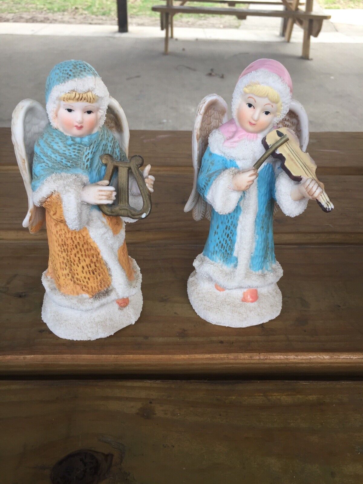 Set of 2 Vintage Playing the Harp & Violin with Halo Angel Figurines 6 Inch