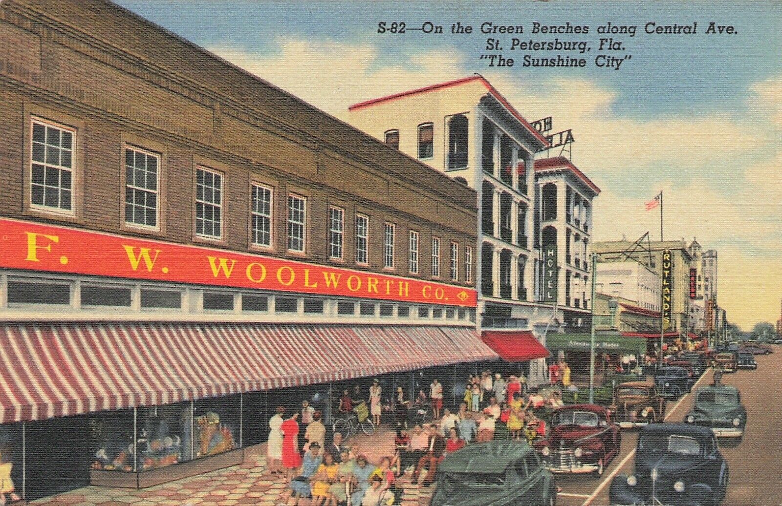 Woolworth Green Benches St. Petersburg Florida 1940s Curt Teich Linen Postcard
