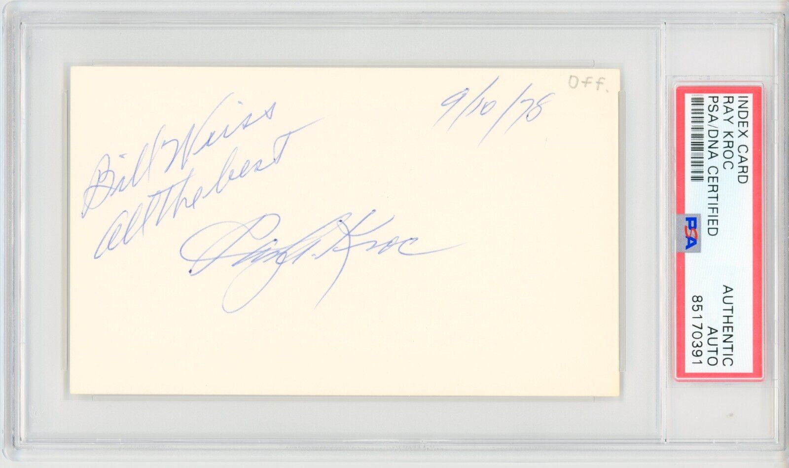 Ray Kroc (McDonald\'s) ~ Signed Autographed Index Card ~ PSA DNA Encased