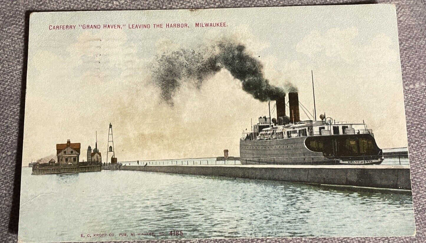 Milwaukee WI Carferry Grand Haven Leaving the Harbor 1909 PM Wisconsin Boat