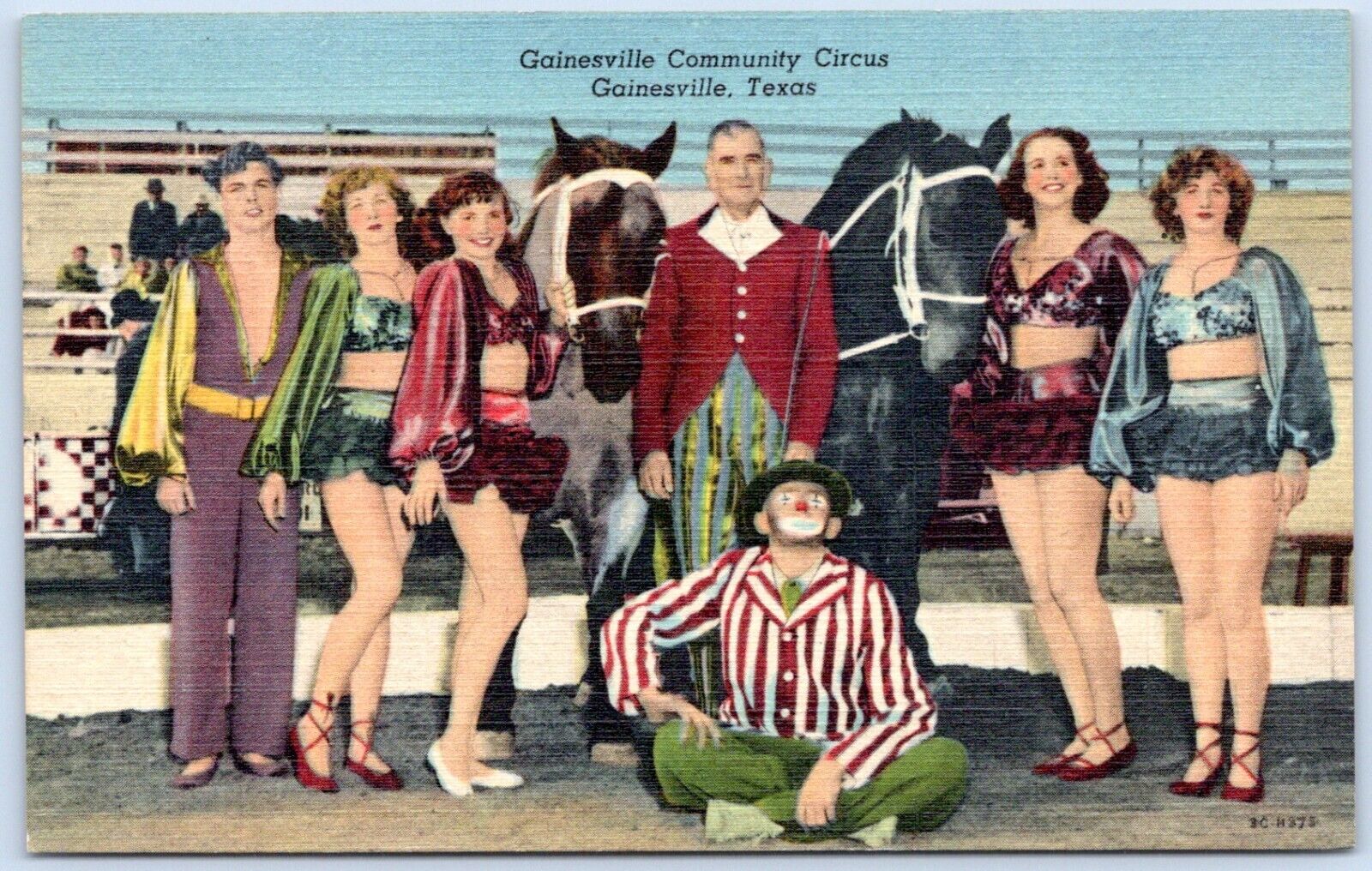 Postcard TX Texas Gainesville Community Circus Clown Performers Horses B47