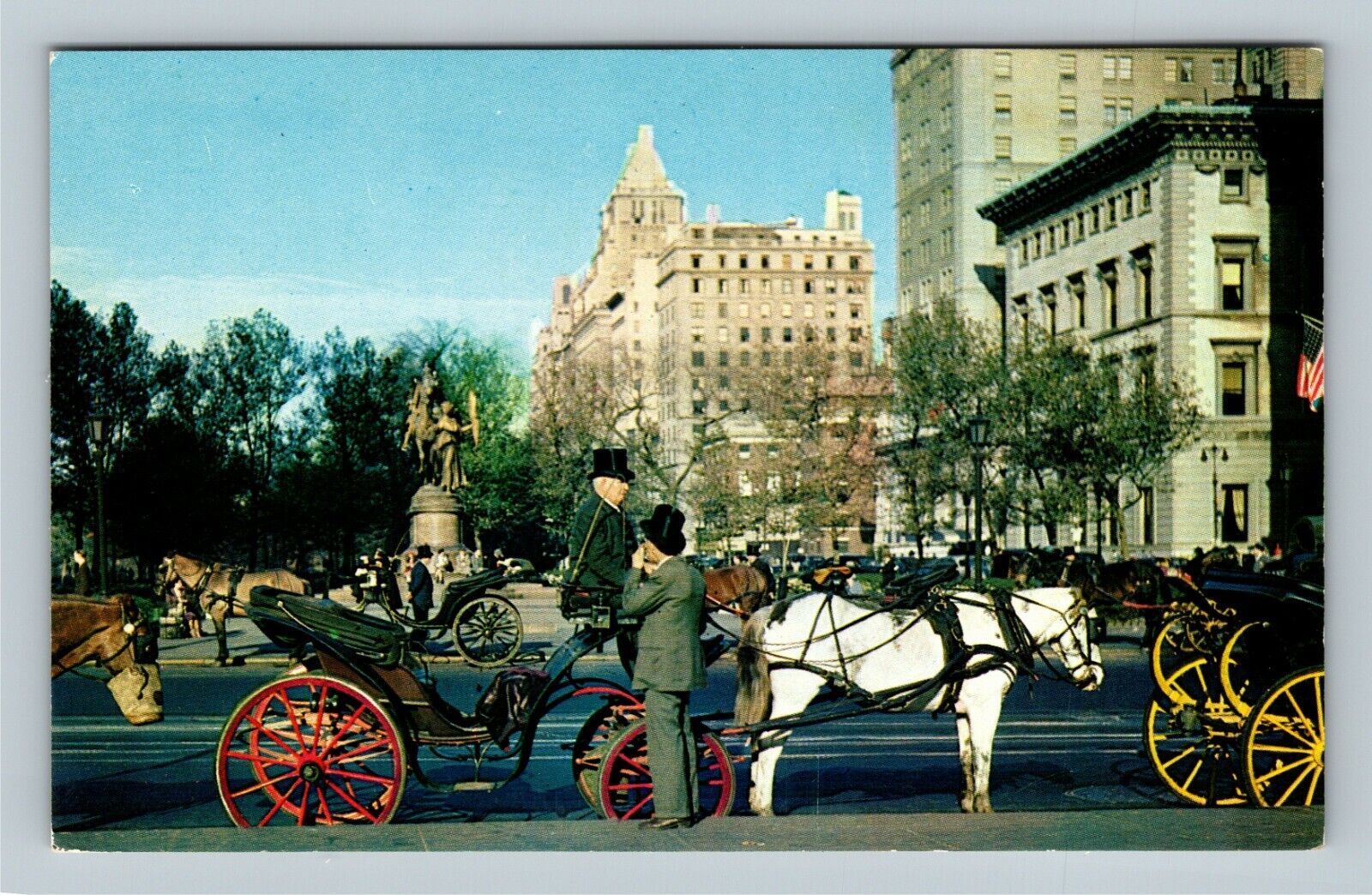 Horse Drawn Carriages 59th Street Drivers Monument Chrome New York City Postcard