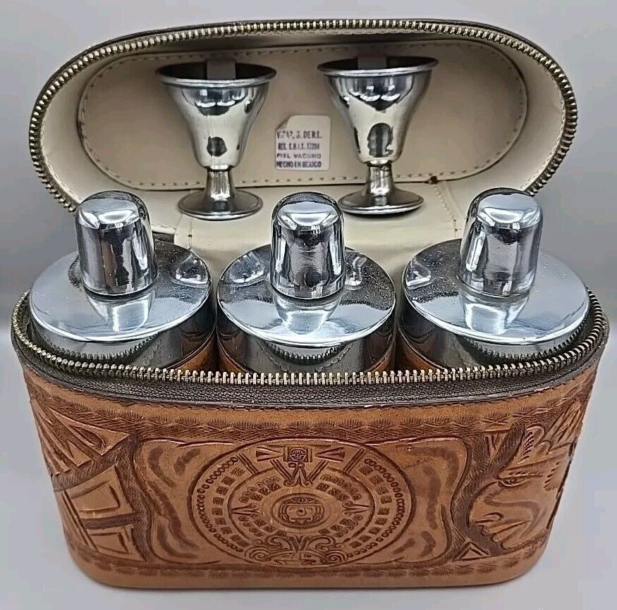 Vintage Mexico Mexican Leather Liquor Set- 2 Metal Shot Cups, 3 Decanters- Zips