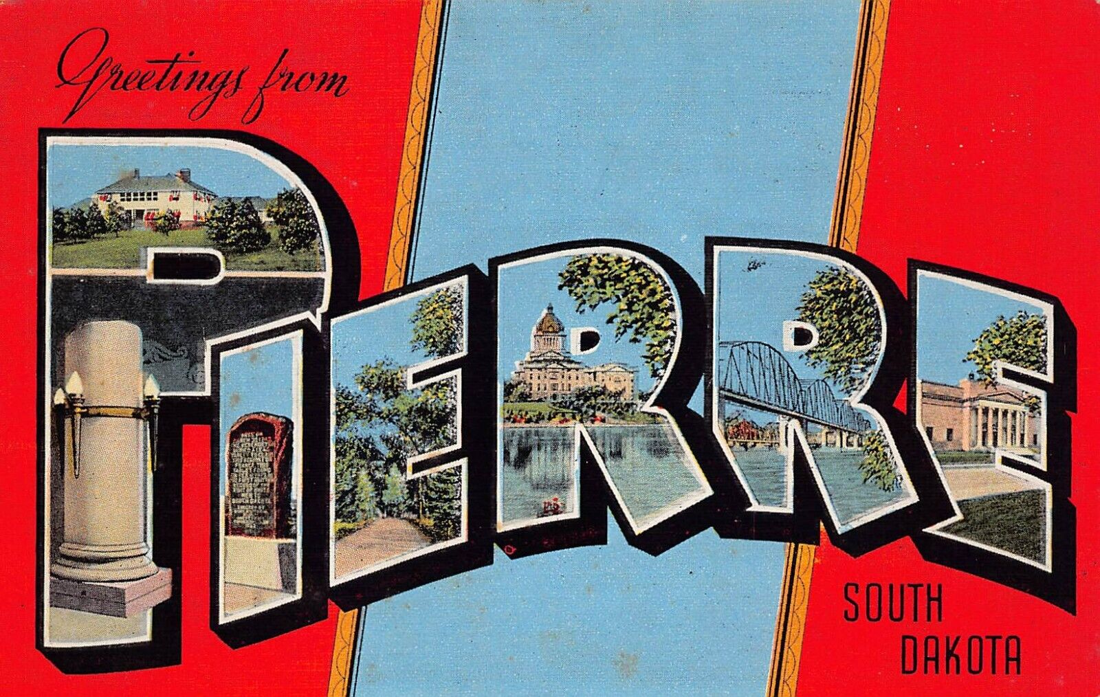 Pierre SD South Dakota State Capitol Large letter Linen Vtg Postcard B4