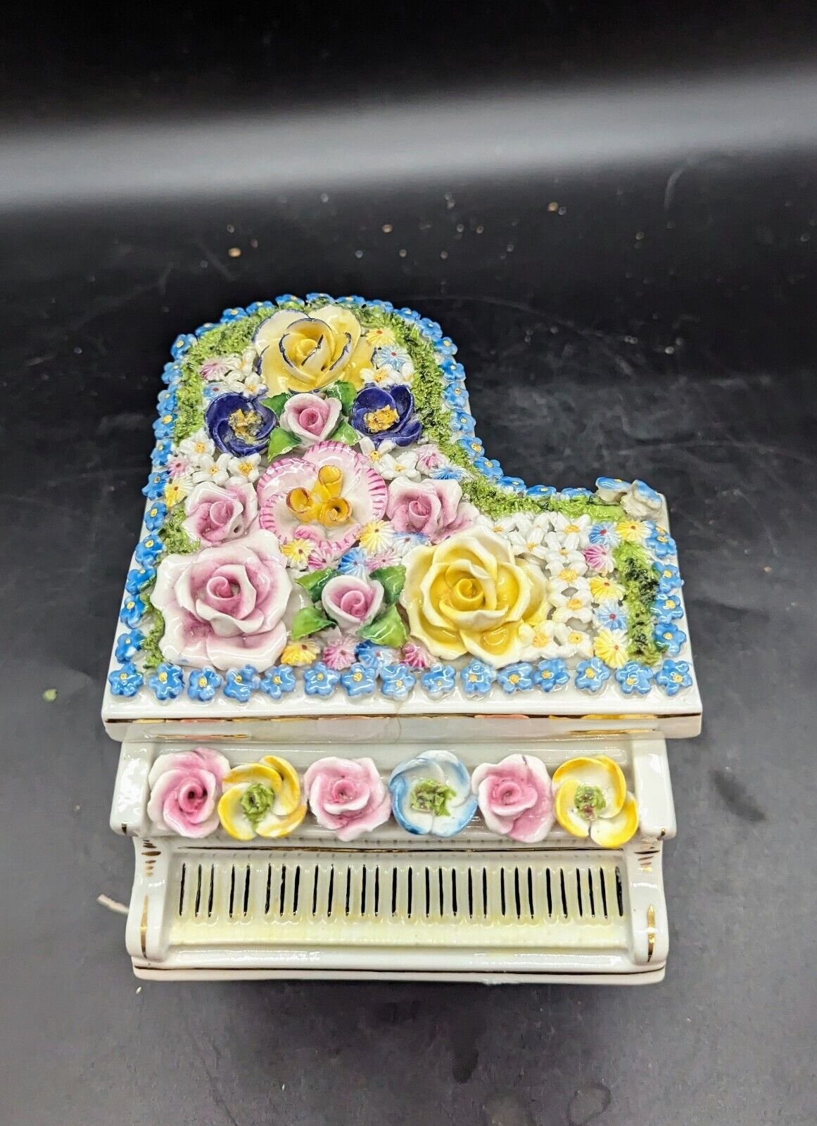 Vintage Elfinware Porcelain Grand Piano Trinket Dresser Box Handpainted Flowers