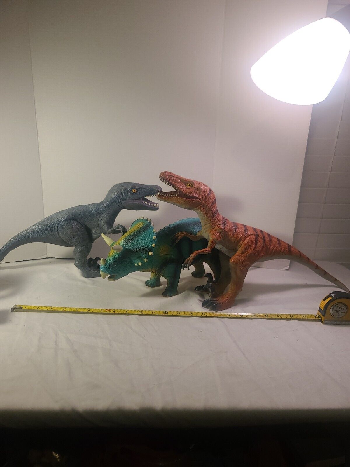Triceratops, and 2 Raptors lot ..Dinosaur Figures each 18” Long Toys