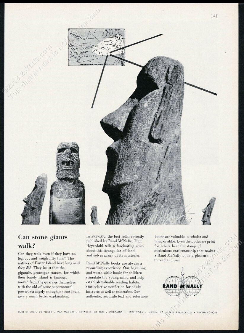 1958 Easter Island Moai statues photo Rand McNally vintage print ad