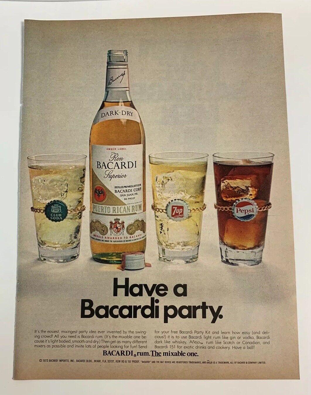 1972 Bacardi Rum Print Ad Have A Bacardi Party 7-Up Pepsi Club Soda Original