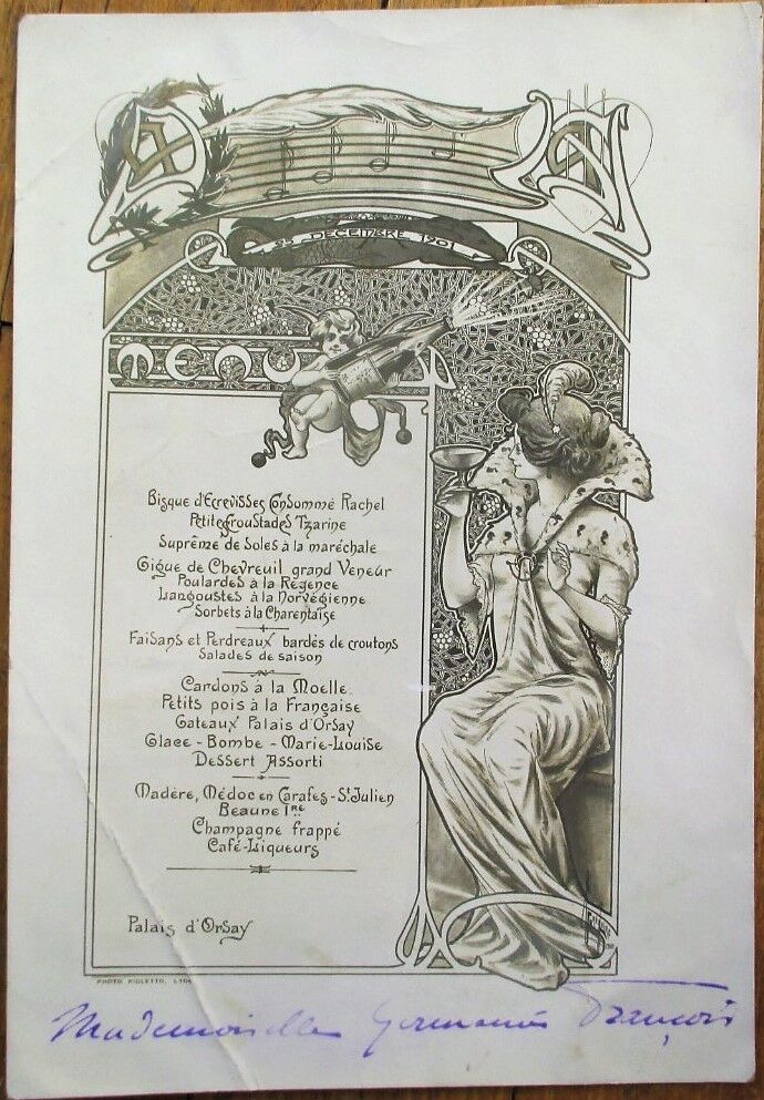 Menu: Art Nouveau French 1901, Woman/Baby/Champagne, Artist-Signed, Photographic
