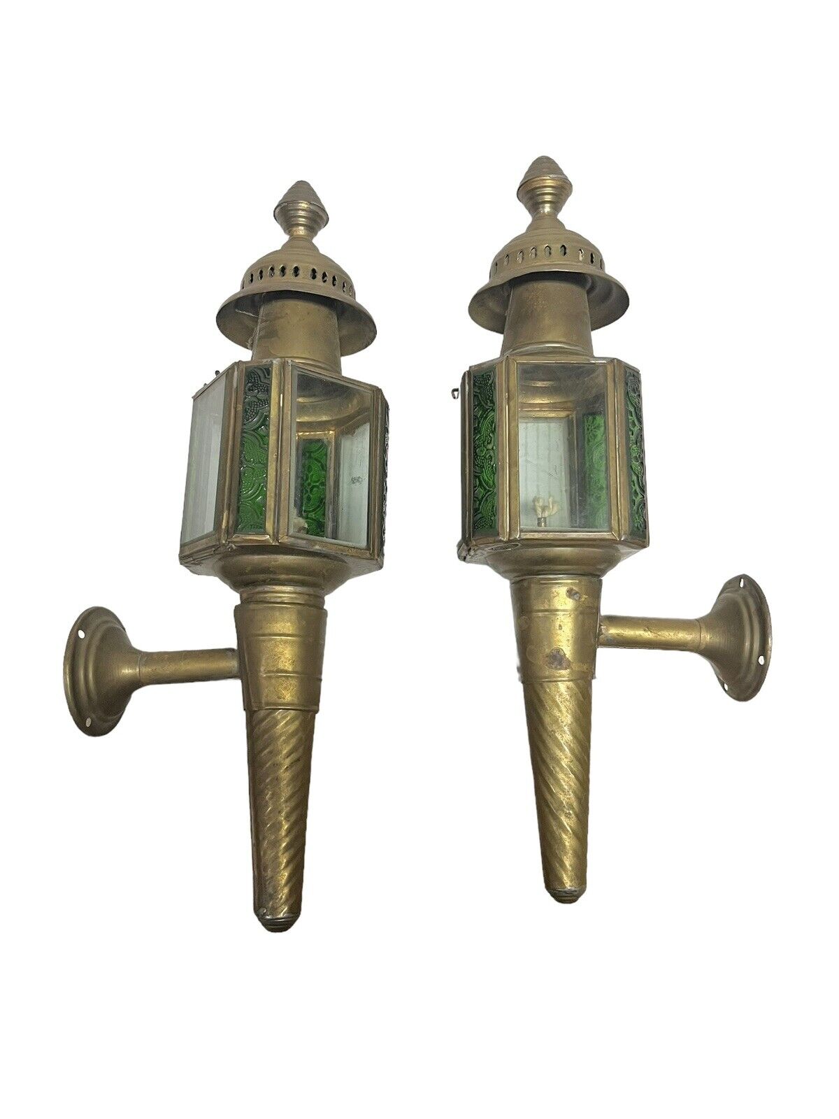 Pair Antique Brass Beveled Glass Carriage Coach Oil Lanterns Lamps Original