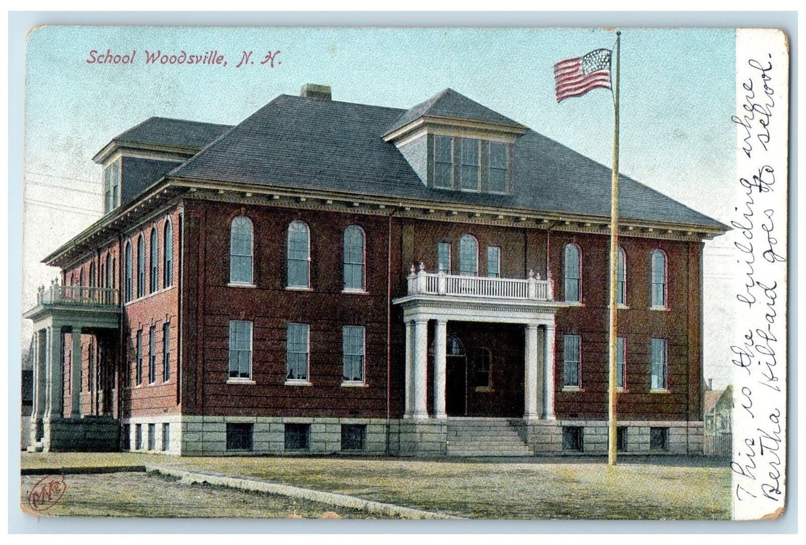 1908 School Building Exterior Woodsville New Hampshire NH Posted Flag Postcard