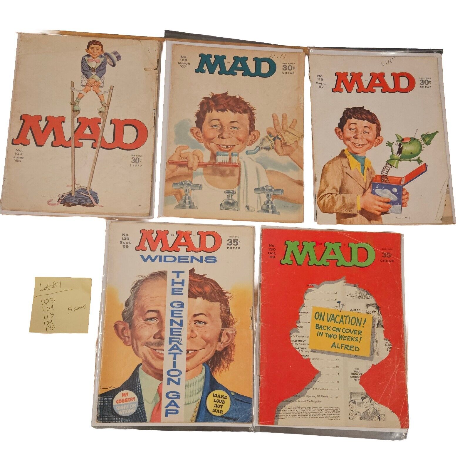 MAD Magazine 1960s Lot of 5 VTG Comics 103 109 113 129 130 no labels