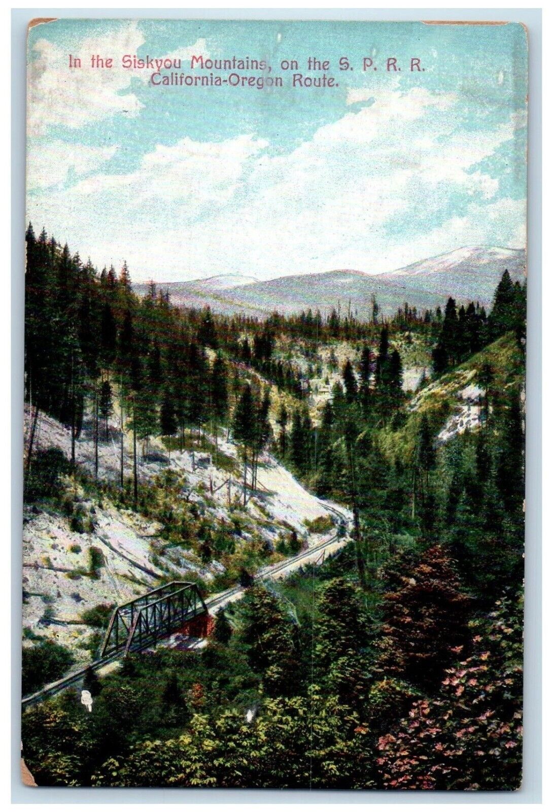 c1910 Siskyou Mountains Rock Bridge Trees SPRR California Oregon Route Postcard