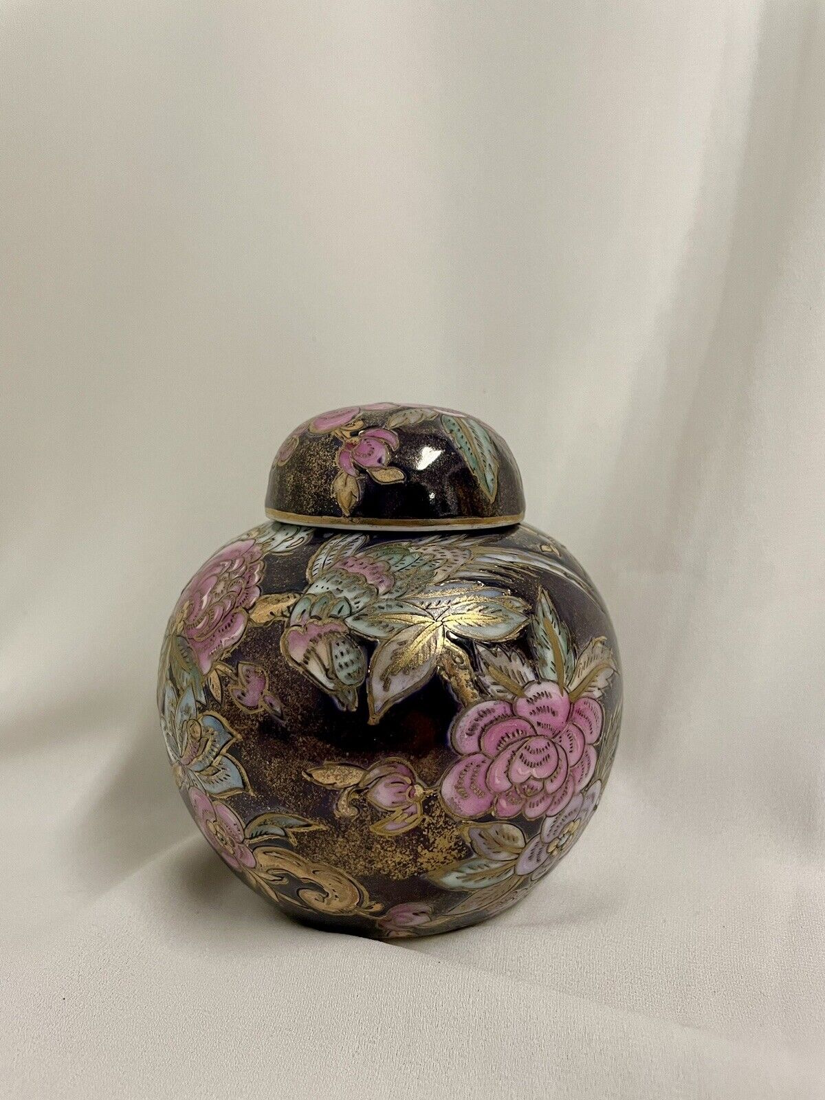 Vintage Cloisonné Urn / Lidded Jar Purple Peony  With Bird 1970s