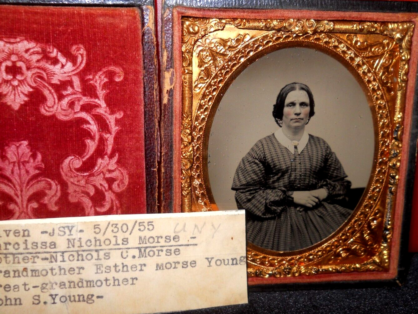 1/6th size Tintype of Narcissa Morse in full case, split at hinge