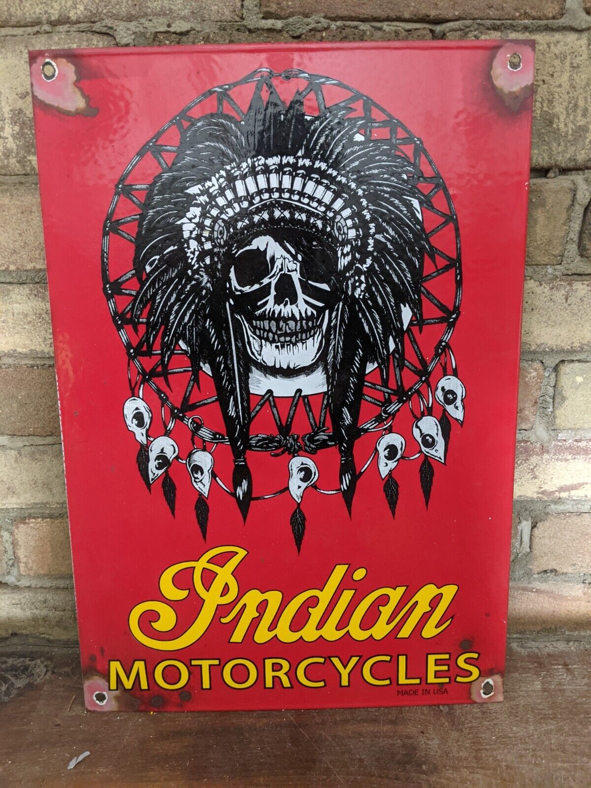 LARGE VINTAGE INDIAN MOTORCYCLE PORCELAIN GAS PUMP SIGN 19\