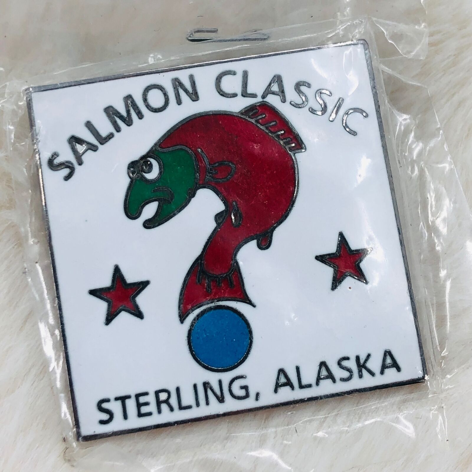 Sterling Alaska Salmon Classic Guessing Game Souvenir Enamel Lapel Pin