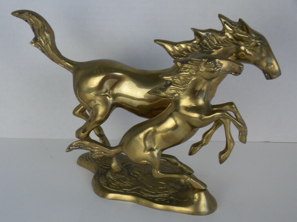 Brass Horse Unique Majestic Statue Galloping Mare & Rearing Foal Unpolished