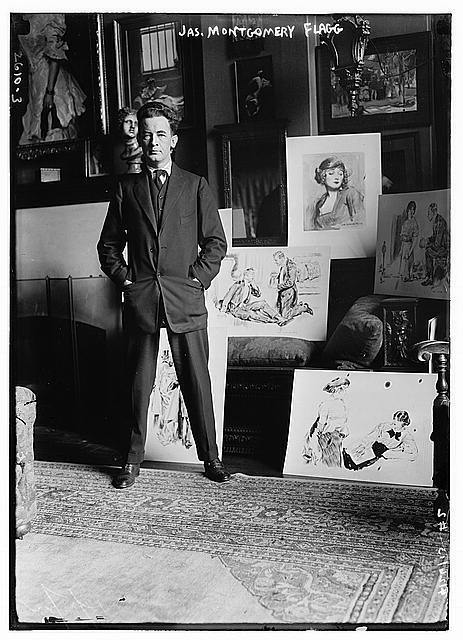 James Montgomery Flagg,1877-1960,illustrator,artist,standing with sketches