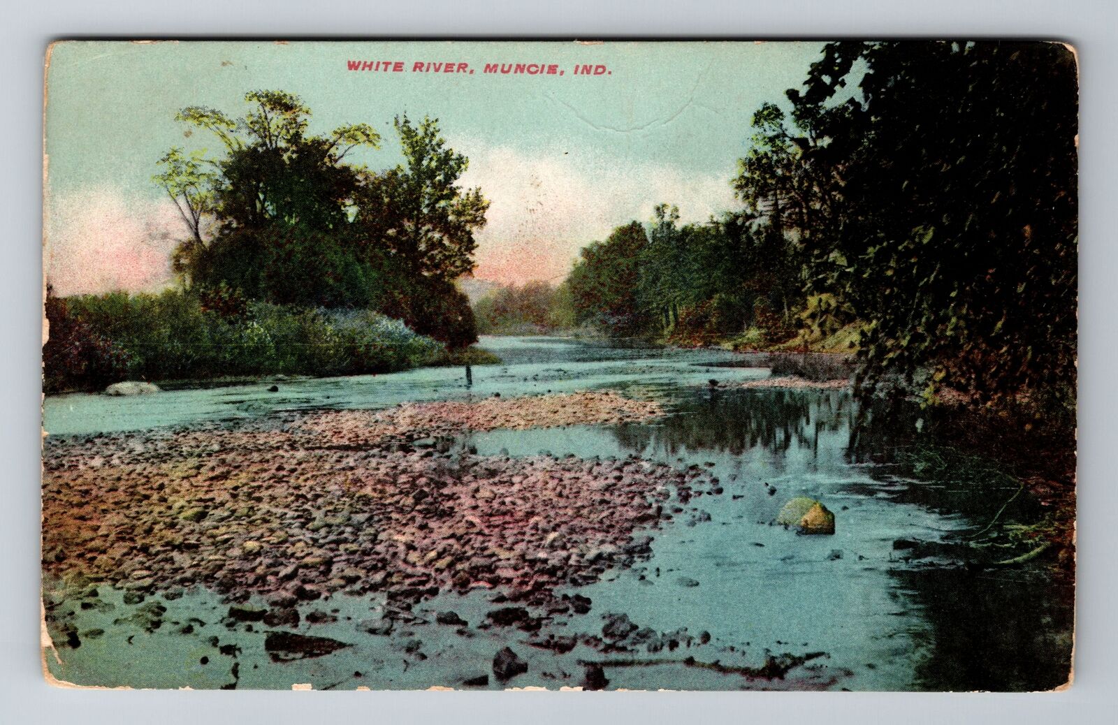 Muncie IN-Indiana, White River, Antique Vintage Souvenir Postcard
