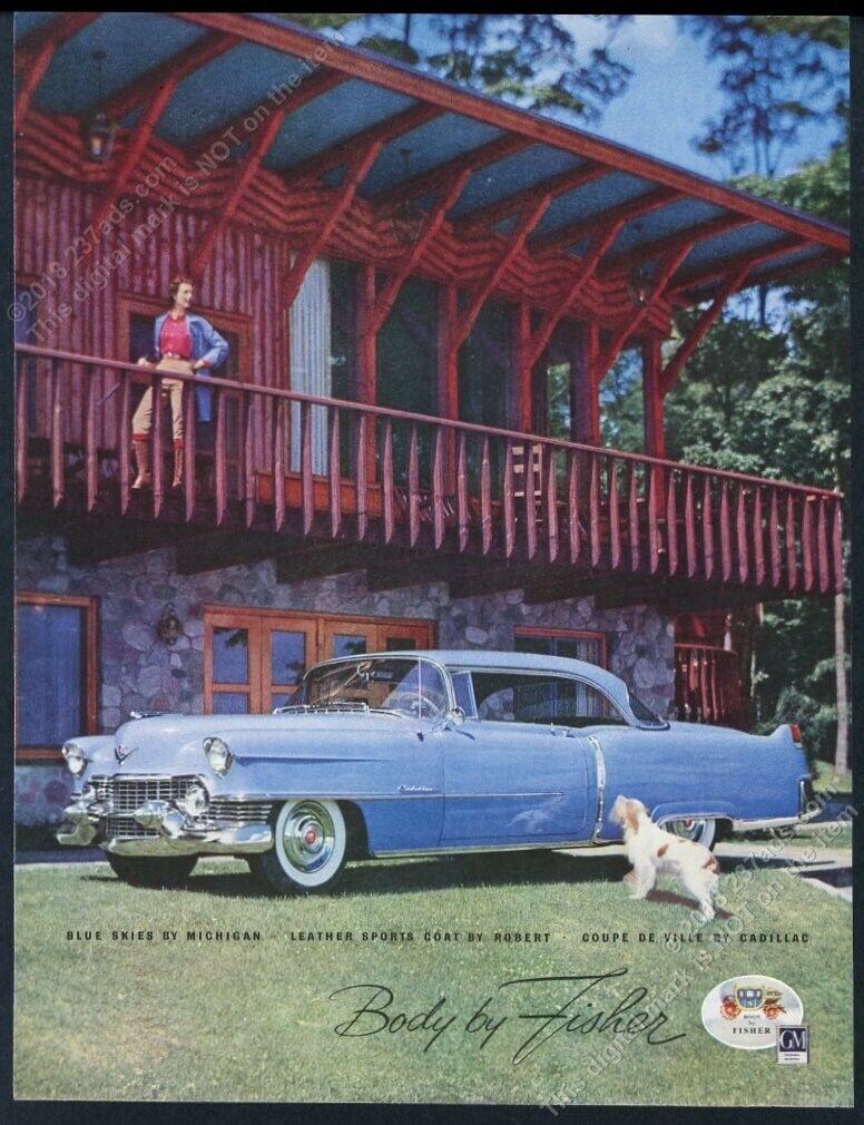 1954 Cadillac coupe de Ville blue car photo GM Fisher vintage print ad