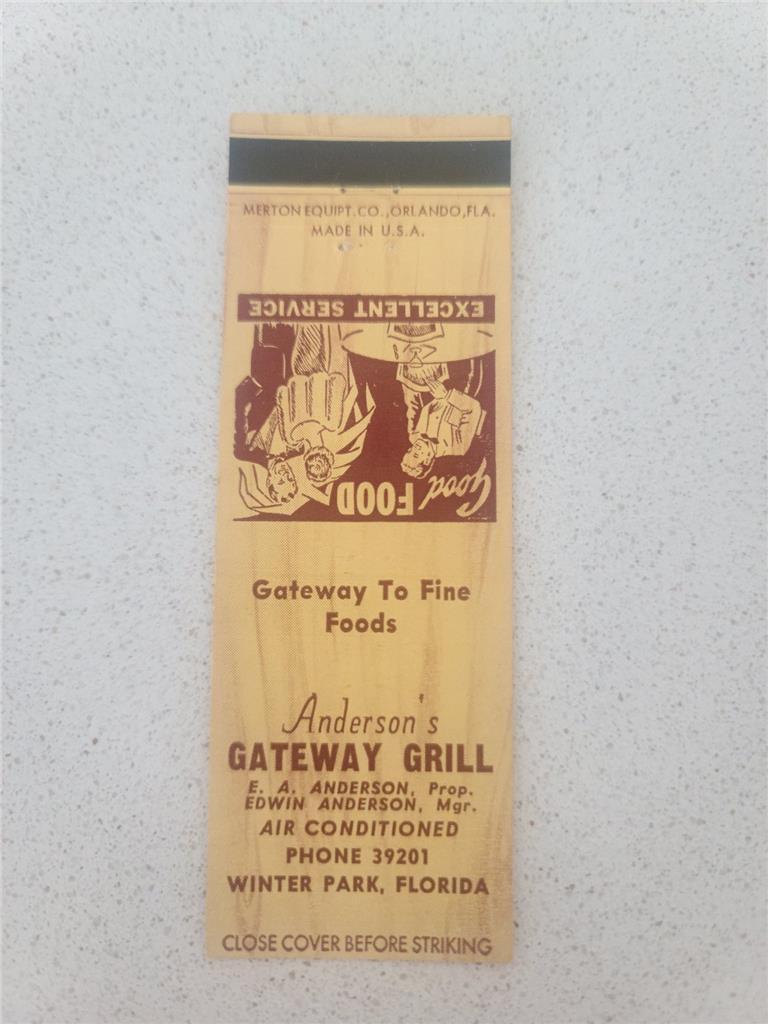1950\'s E A & Edwin Anderson\'s Gateway Grill Winter Park FL  Matchcover