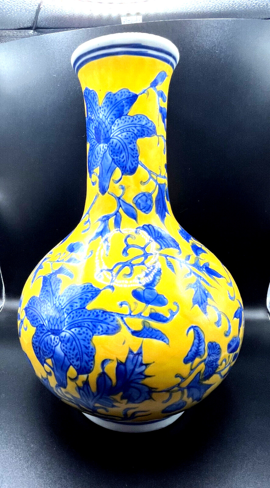 Chinese Regal Yellow and Cobalt Blue Floral Design Ground Bottle Vase, Vtg 12” 
