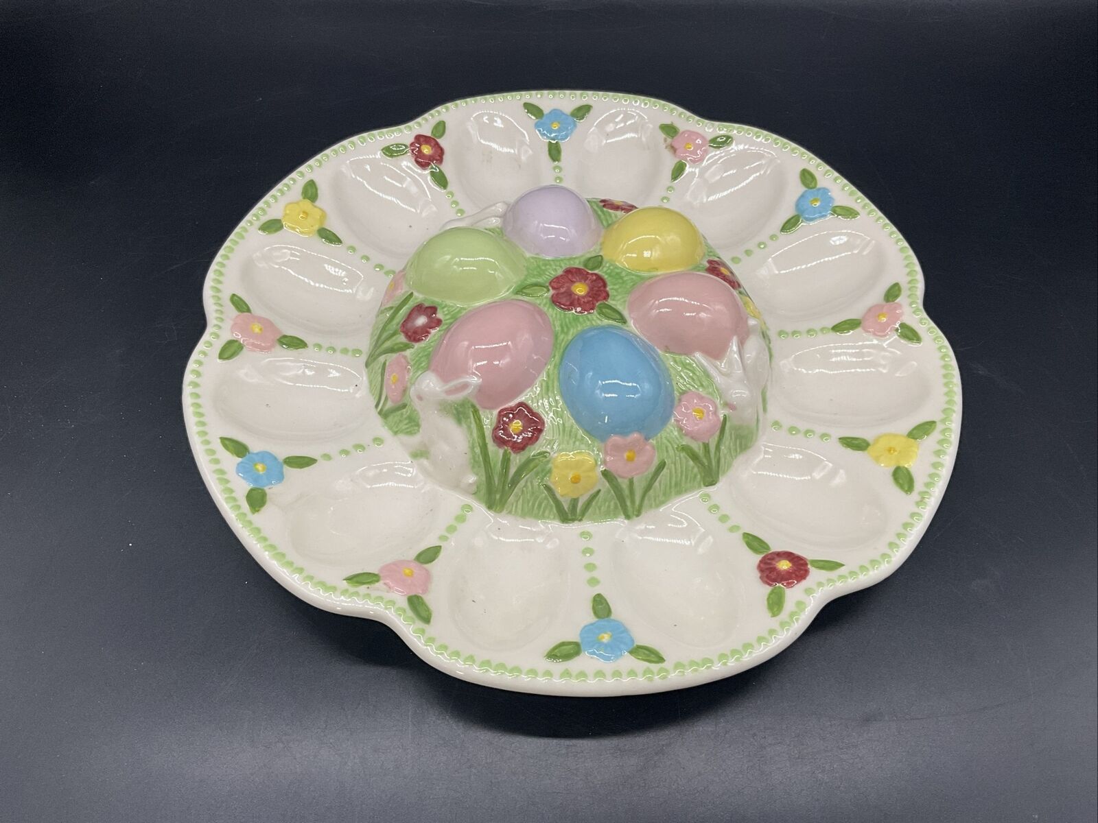 VTG 1974 Hand Painted Ceramic Easter Bunnies Deviled Egg Plate